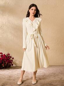 Ribbed Knit Ruffle Hem Elastic Waist Dress For Teens - Beige - View 4