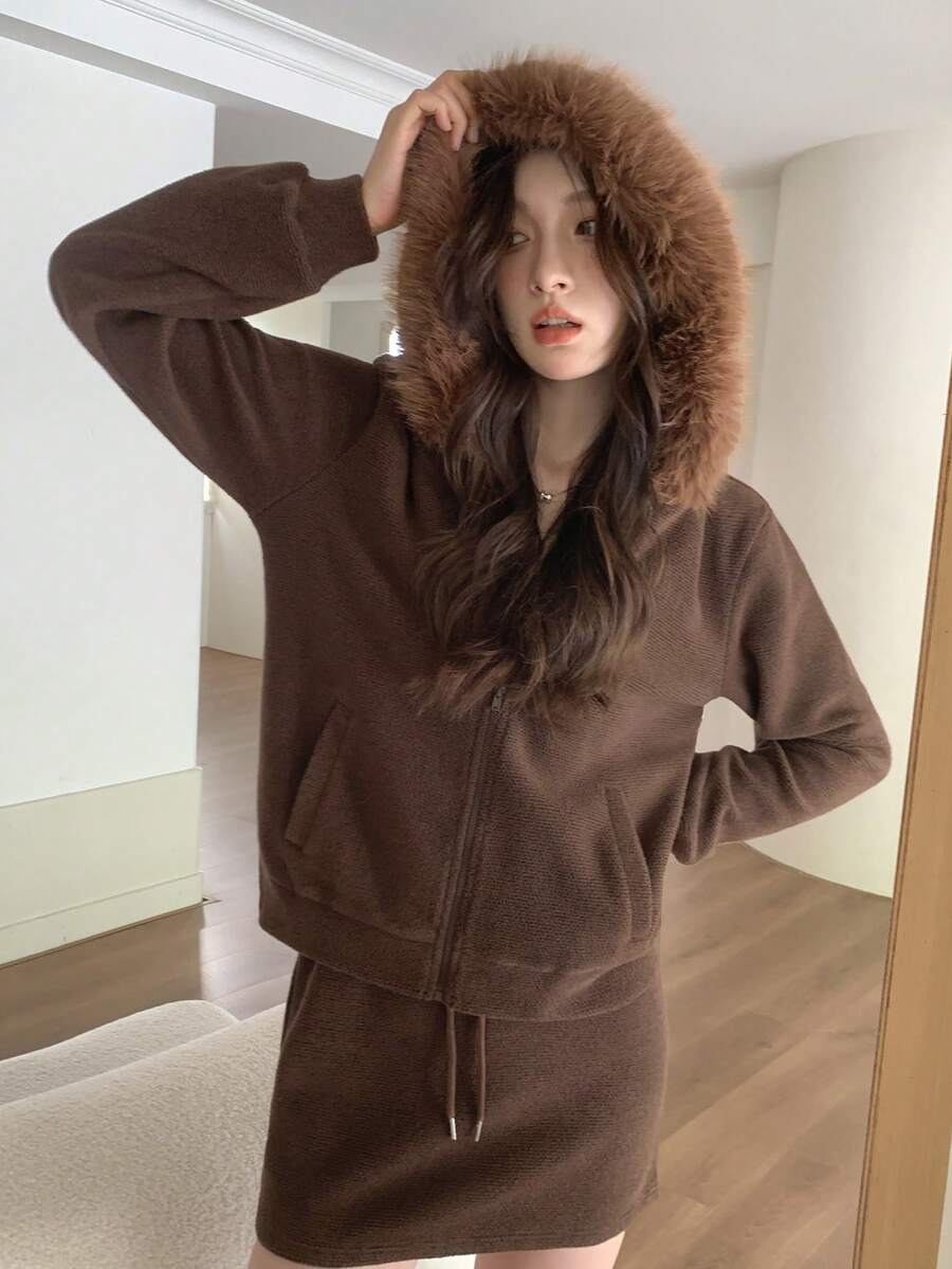 Feyla 女式休闲毛领连帽夹克和裙子两件套,秋季 - 巧克力棕 - 查看 1