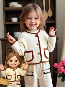 Vintaside Kids 1pc Baby Girls' Winter New White Faux Fur Trim Brown Front Pocket Lapel Minimalist Contrast Color Elegant Versatile Warm Jacket Fall - White - View 3