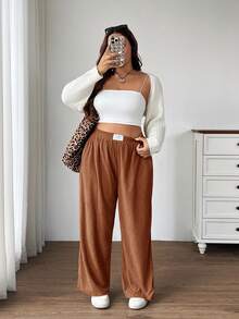 SHEIN EZwear 大码女式锈棕色灯芯绒高腰宽松阔腿裤，带口袋和贴片设计，适合校园、日常穿着和室内工作，秋冬季 - 鏽棕色 - 查看 6
