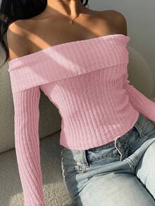 SHEIN EZwear Áo len trễ vai trơn màu thường ngày dành cho nữ, mùa thu - Hồng - Xem 3