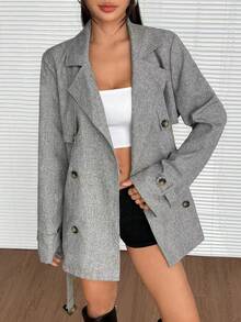 SHEIN EZwear 女士前扣长袖翻领简约休闲风衣，秋冬款 - 灰色 - 查看 4