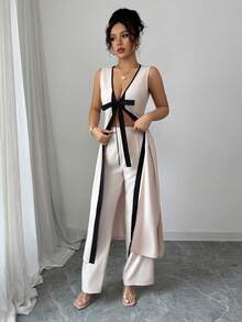 Selianne Elegant Daily Casual Sleeveless Long Top With Tie String V-Neck & Wide Leg Long Pants 2 Pieces Set For Young Women, Spring/Summer - Khaki - View 5