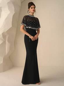 Coutiva 女士立领珍珠装饰高端晚礼服，优雅精致 - 黑色 - 查看 6