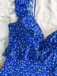 Swim Mod Summer Beach Ditsy Floral Ruffle Cut-Out One Piece Swimsuit - Blue and White - View 3