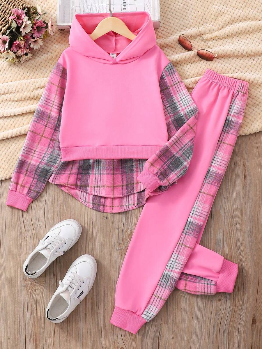 SHEIN Tween Girl Plaid Patchwork Hoodie And Pants Set - Pink - View 1