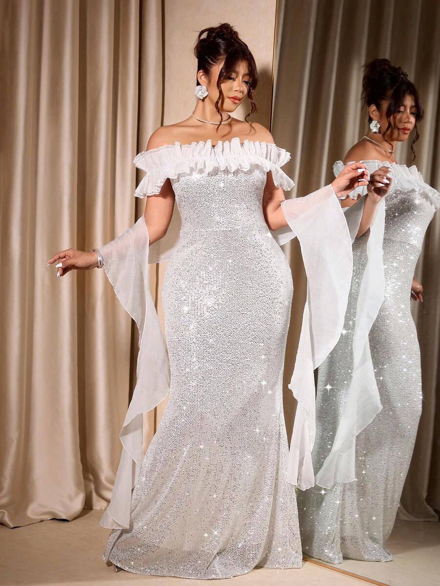 Cravure Đầm dạ hội dự tiệc viền bèo nhún thanh lịch cỡ lớn dành cho nữ - Bạc - Xem 1