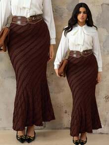 Roveilla Plus Size Jacquard Elastic Waist Slimming Mermaid Skirt, Autumn/Winter Abaya Dubai Musera Plus Size Women Long Skirt Long Brown Skirt Textured Brown Skirt Skirt With Belt Brown Maxi Skirt