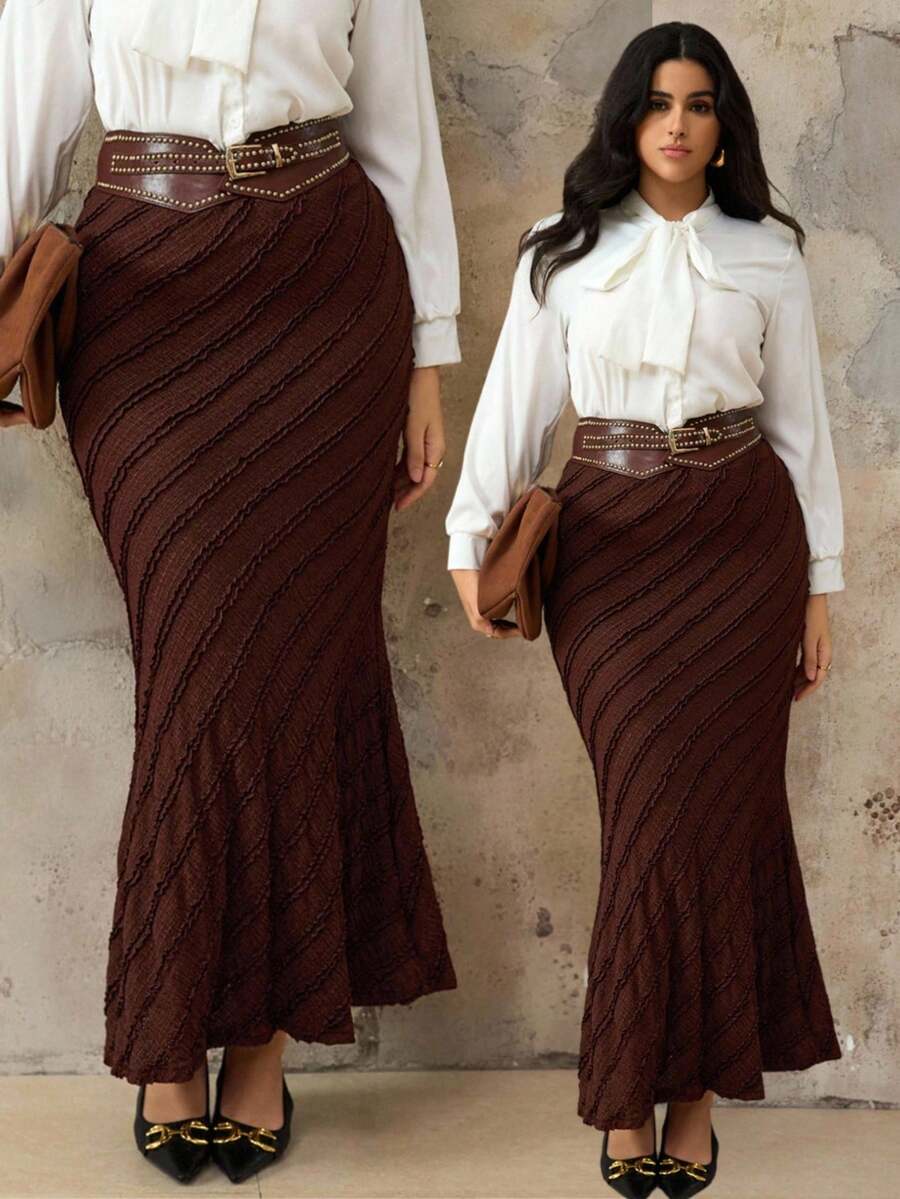 Roveilla Plus Size Jacquard Elastic Waist Slimming Mermaid Skirt, Autumn/Winter Abaya Dubai Musera Plus Size Women Long Skirt Long Brown Skirt Textured Brown Skirt Skirt With Belt Brown Maxi Skirt