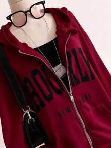 1pc Teen GirlCasual Minimalist Letter Print Pocket Zip-Up Sweatshirt Jacket, Simple Streetwear Style, Essential For Autumn/Winter - Burgundy - View 3
