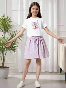 Girls' Cute Butterfly Graphic T-Shirt With Ditsy Floral Skirt Set, Casual Countryside Style Suitable For Spring/Summer Vacation, Daily Wear - Pink - View 4