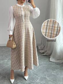 Modelyn 秋冬大码粗花呢编织纹理长袖修身 A 字连衣裙