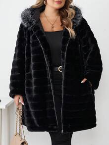 SHEIN CURVE+ 大码女式蓬松仿毛领冬季大衣 - 黑色 - 查看 4