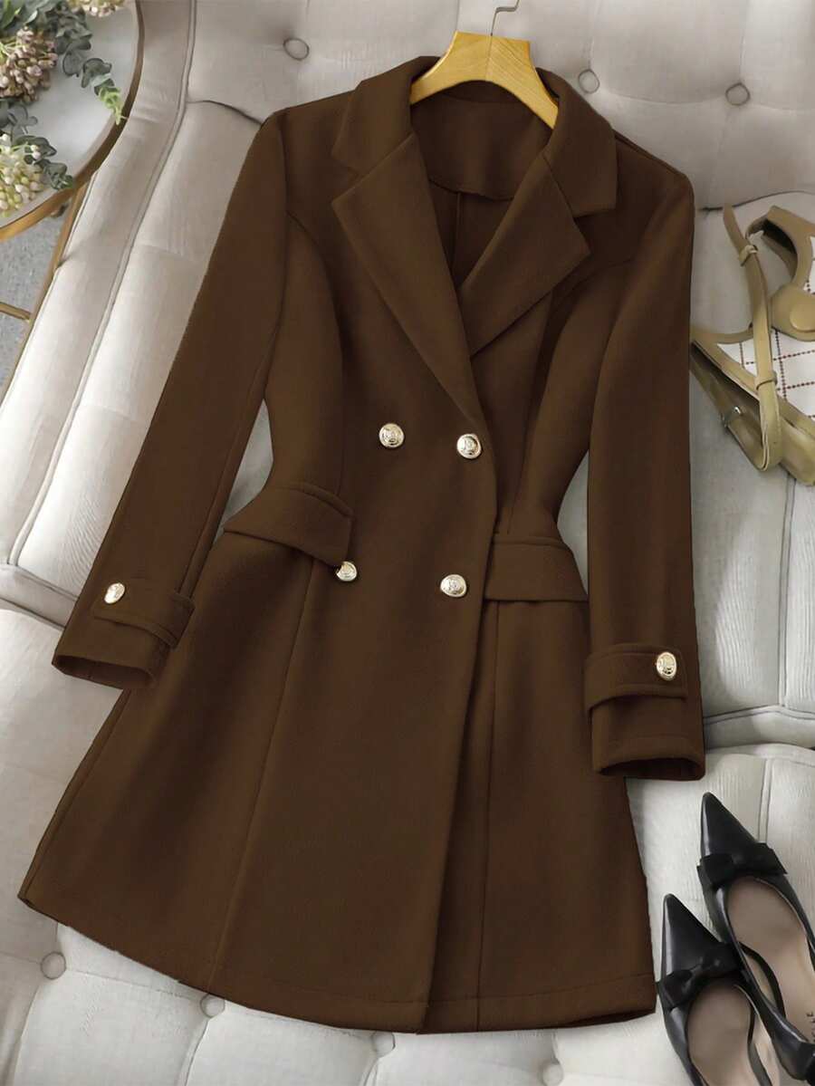 GlowEve 女式简约日常双排扣平领羊毛大衣，秋季 - 咖啡棕 - 查看 1