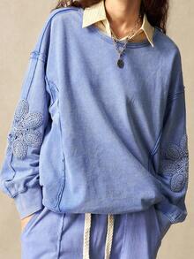 Bohemela Women's Casual Solid Color Knit Crew Neck Loose Washed Sweatshirt - Blue - View 5