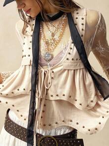 Bohemela Áo ba lỗ buộc dây phía trước đính cườm dệt thường ngày cho nữ - Màu be - Xem 7