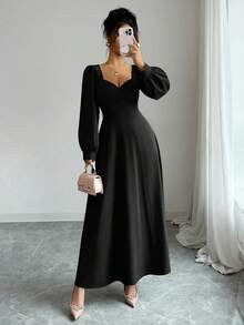 Elenzga 女士优雅方领泡泡袖收腰长裙，适合日常通勤 - 黑色 - 查看 3