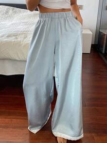 DAZY Satin Contrast Color Ruffle Patchwork Wide Leg Women Cozy Loungewear Bottoms Pajama - Blue - View 6