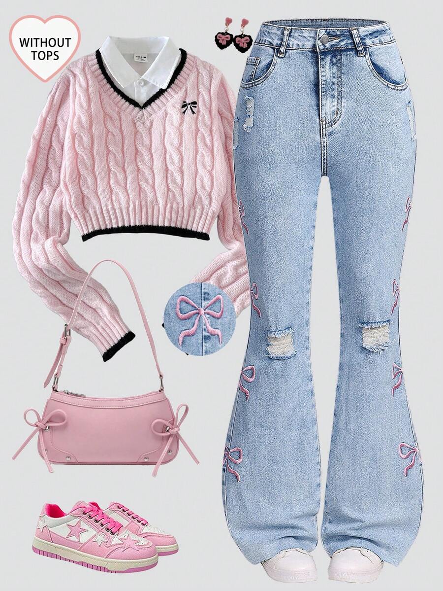 جينز بناتي مراهقات موضة خريف/شتاء 2025 مغسول بلون أزرق فاتح ممزق مع تطريز فراشة، جيوب حقيقية، ساق واسعة متنوعة، خصر عالي، مرن، نحيف، مناسب للارتداء اليومي، المدرسة، التنقل، الحفلات، المنزل، موسم العودة إلى المدرسة، المهرجانات الخريفية