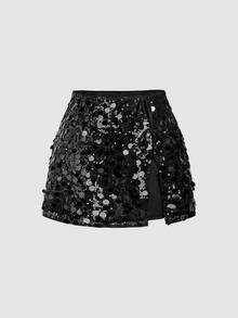 SHEIN MOD Plus Size Women's Solid Color Side Slit Sequin Embellished Midi Skirt, Suitable For Party Occasions, Fall - Black - View 5