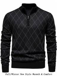 Manfinity Mode Men's Lightweight Half-Zip Knitted Sweater, Long Sleeve Pullover, For Fall Winter