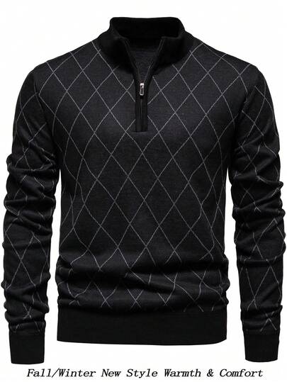 Manfinity Mode Men's Lightweight Half-Zip Knitted Sweater, Long Sleeve Pullover, For Fall Winter Valentine's Day