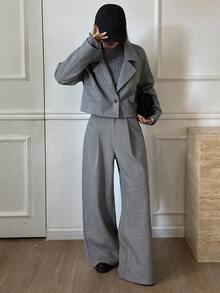 Livesso Completo casual elegante da donna per l'ufficio e il tempo libero, composto da giacca corta con stampa a quadri su tutto il capo e collo a risvolto, e pantaloni a gamba dritta, adatto per l'autunno/inverno - Cachi - Visualizzare 5