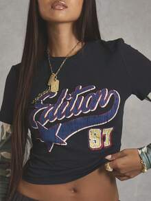 MUSERA Áo thun hai lớp họa tiết rằn ri in khẩu hiệu, phong cách cá tính, đường phố, thường ngày, kiểu dáng thể thao đại học, năm 1997, thanh lịch, mùa xuân hè, ngày lễ. - Nhiều màu - Xem 2