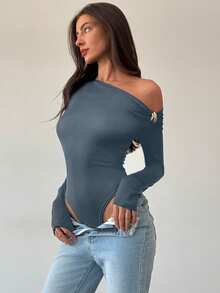 Aloruh 1 件女士精致现代黑色单肩长袖扭纹金属装饰紧身衣