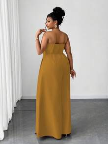 Maweii Bộ đồ liền thân ống rộng thanh lịch màu trơn dành cho nữ cỡ lớn có nút kim loại - Màu vàng - Xem 5