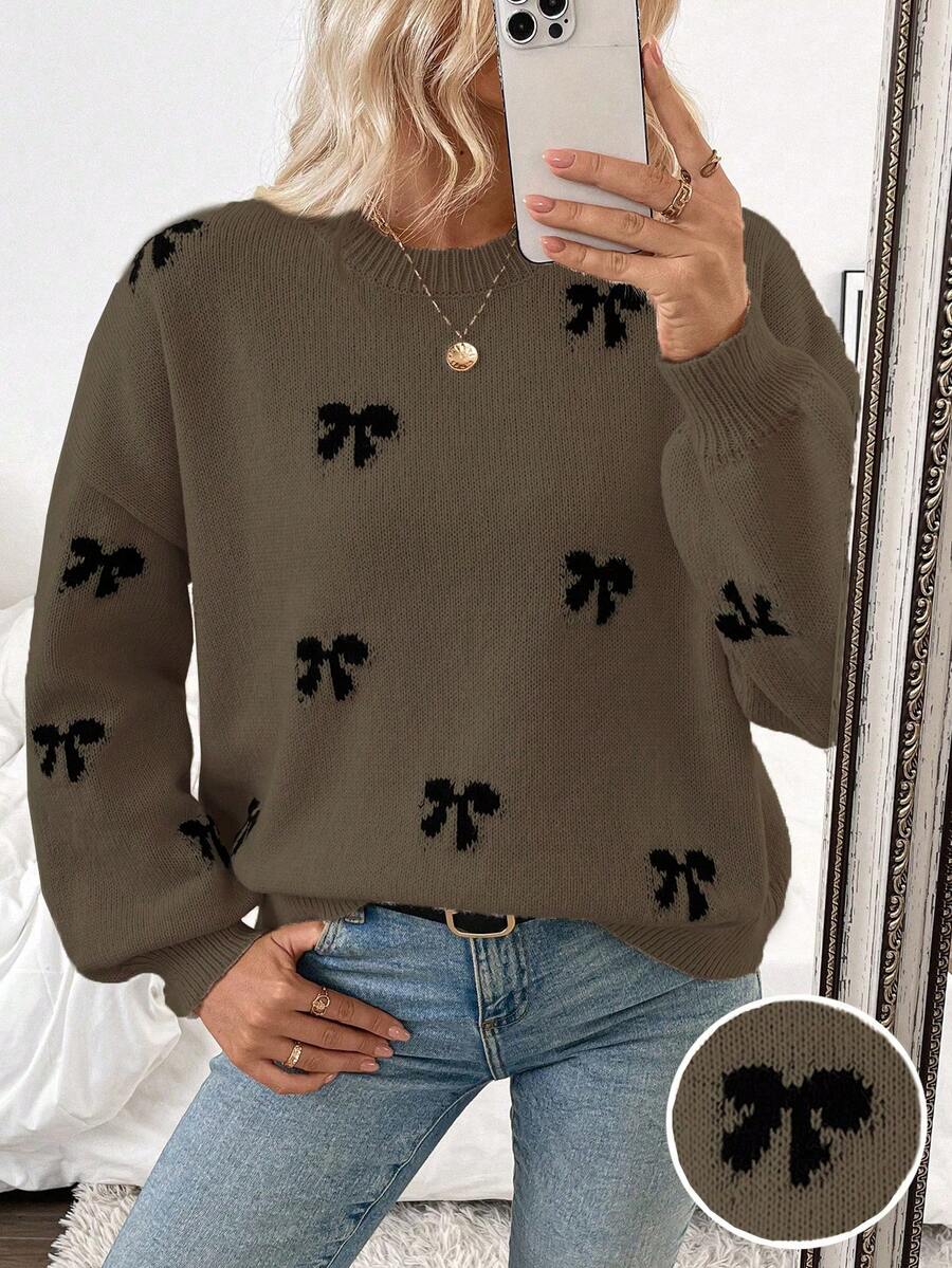 SHEIN LUNE 2025秋冬新款时尚博主同款蝴蝶结设计休闲套头毛衣 - 彩色 - 查看 1