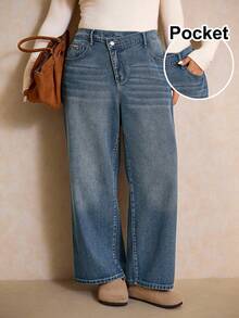 Elaquor 大码不对称腰牛仔裤蓝色高腰直筒裤秋冬休闲装，牛仔裤，女士冬季牛仔裤 - 中等水洗藍 - 查看 2