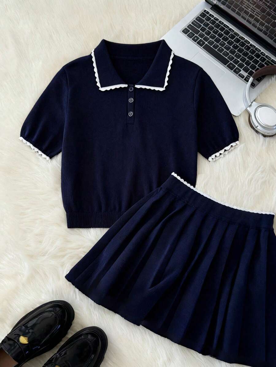 Muvela 2pcs Women Retro Collar Short Knit Sweater Set - Navy Blue - View 1