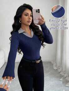 Rafferiza Women's Elegant Contrasting Neckline Splicing Tight Elastic Casual Versatile Fashion Design Long-Sleeved Autumn Fake Two-Piece T-Shirt Ladies Casual T-Shirt Tops Ladies Going Out Tops Bottoming Pullover T-Shirt