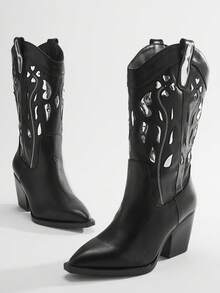 Solezae Botas occidentales de tacón grueso con corte para mujer - Negro - Ver 7