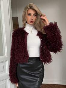 Elenzga Cropped Metal Buckle Fuzzy Cardigan - Burgundy - View 5