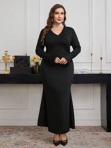 Modelyn Plus Size Elegant Solid Color Mermaid Dress For Party - Black - View 5
