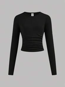 SHEIN Girlism 3件套少女纯色圆领褶皱长袖T恤，冬季长袖上衣，适合日常、庆祝活动、秋冬季穿着，舒适百搭，可叠穿，时尚长袖上衣，适合秋冬季日常穿着、街头风格、居家穿着。 - 彩色 - 查看 8