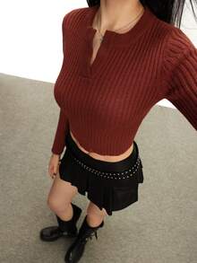 INAWLY Suéter corto de cuello con muesca de unicolor casual, versátil para el otoño - Burdeos - Ver 6