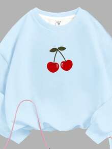 SHEIN Leap Crew Cute Mini Cherry Print, Tween Girls Knit Crew Neck Letter Graphic Loose Sweatshirt And Flare Pants Casual 2 Pieces Set - Multicolor - View 4