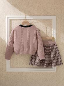 Souflis Souflis 2 件套女童圆领毛衣和荷叶边腰格子迷你裙套装，幼儿/小女孩针织开衫和裙子套装，秋冬 - 粉色 - 查看 2