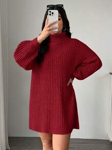 SHEIN EZwear 大码高领宽松粗针织灯笼袖毛衣裙，秋冬 - 紅色 - 查看 4