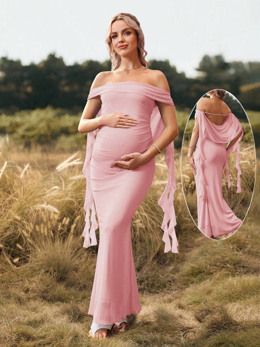 Cheriluna Maternity Váy bầu Maxi hở vai hở lưng màu trơn cho tiệc chào đón em bé, tiệc Giáng sinh, tiệc sang trọng - Hồng - Xem 1