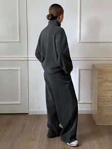 Livesso 2pcs Women's Thermal Lined Loose Fit Solid Pullover Sweatshirt And Straight Leg Sweatpants Set,Dark Grey Winter Casual Lounge Business Outfit - Dark Grey - View 6