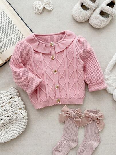 Blossori Chaqueta de punto con cuello de volantes, abotonadura delantera y estampado floral jacquard elegante francés para niñas bebé