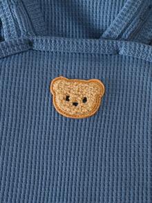 SHEIN 新生男宝宝杏核条纹卡通印花长袖连体衣搭配绿色泰迪熊刺绣肩带连体衣两件套时尚个性可爱秋季新款 - 藍色 - 查看 5