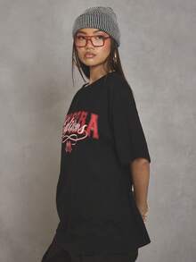 MUSERA Grafisches Oversized T-Shirt, Cool Girl, Streetstyle, Alltag, Herbst, Winter, Collegejacke, 1997 Herbst