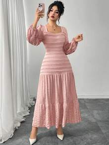 Modelyn Elegant Women's Long Sleeve Flared Dress With Jacquard Striped Textured Pattern In Pink - Pink - View 7