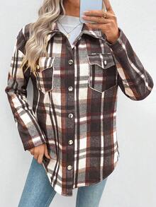 EMERY ROSE Chaqueta de forro polar a cuadros casual para mujer, otoño/invierno - Camel - Ver 4