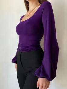 EMERY ROSE 女式纯紫色性感修身方领灯笼袖上衣 - 紫色 - 查看 4
